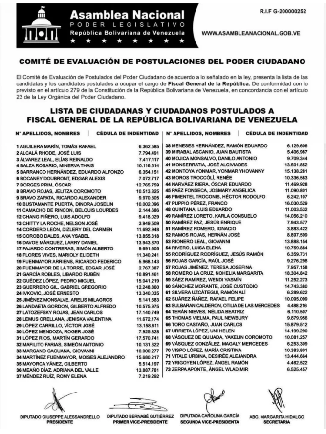 Asamblea Nacional presentó lista de postulados a Defensoría y Fiscalía 3 Fiscal