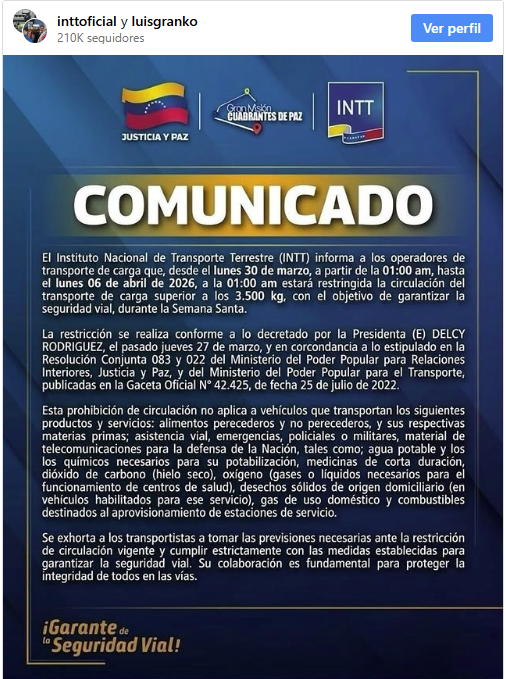 INTT restringirá circulación de vehículos de carga pesada entre el 30 de marzo y el 6 de abril 2 INTT