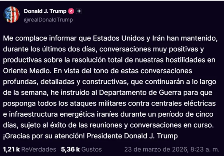 Trump congela los ataques previstos a instalaciones energéticas iraníes por cinco días y abre la puerta para negociar con Irán 2 Trump mensaje