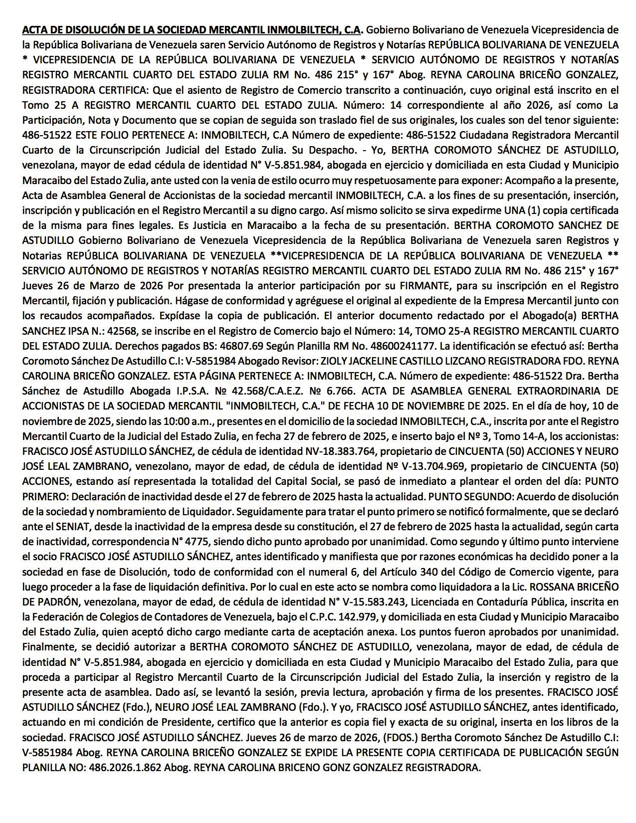 ACTA DE DISOLUCION DE LA SOCIEDAD MERCANTIL INMOLBILTECH