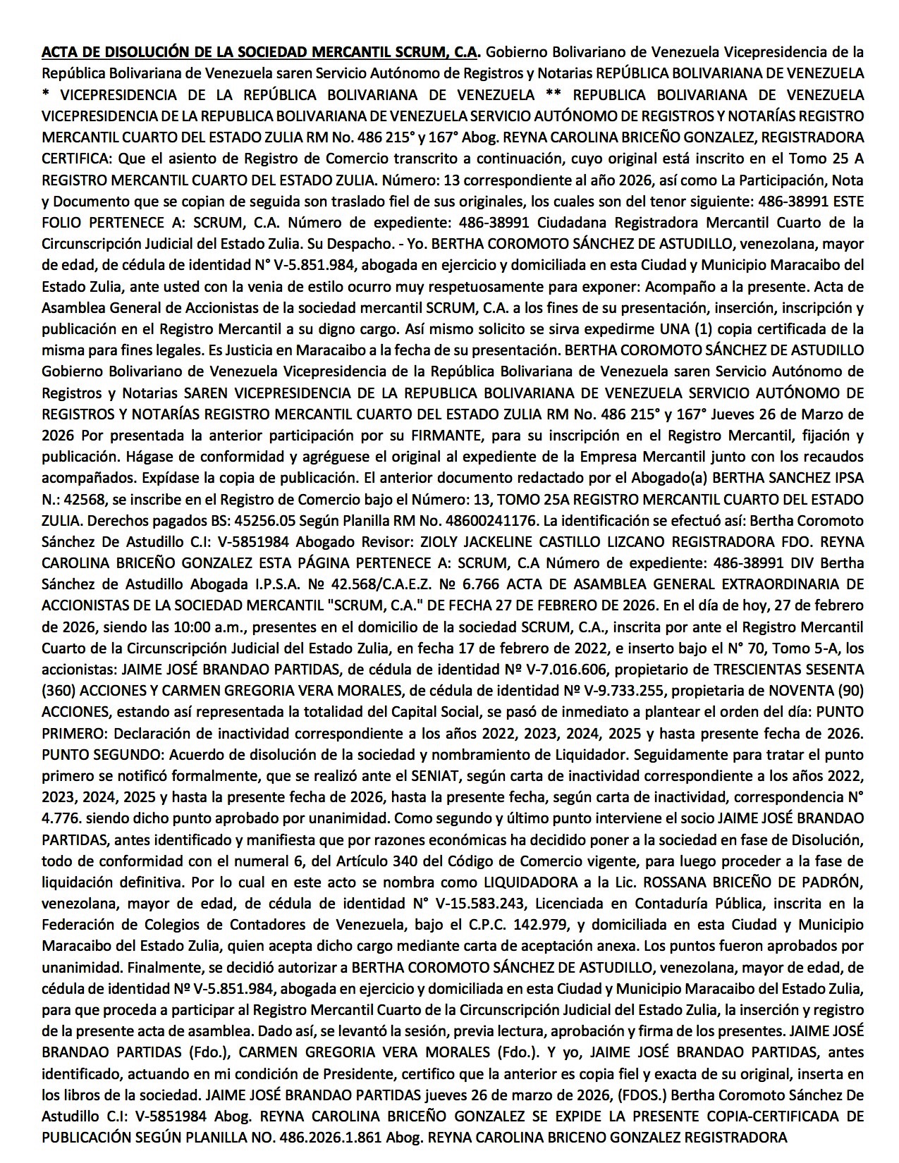 ACTA DE DISOLUCION DE LA SOCIEDAD MERCANTIL SCRUM