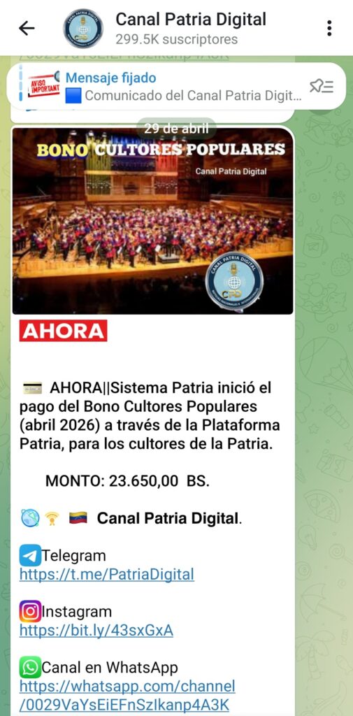 Pagan bono «Cultores Populares» de abril: Aumentó más de 12% en bolívares 2 BonoCultoresPopularesAbril2026