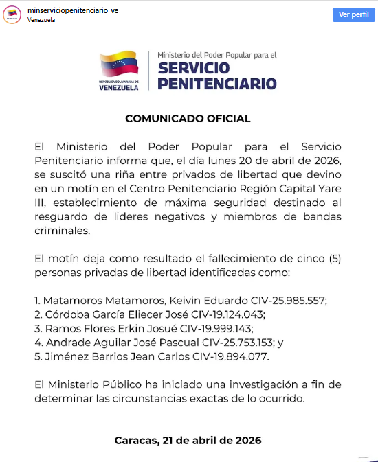 Motín en el Centro Penitenciario Yare III dejó cinco fallecidos 2 Fiscalia