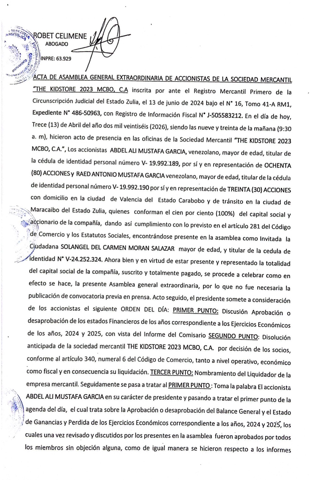 Publicación del Acta de la Asamblea General Extraordinaria de Accionista de The Kidstore 2023 Mcbo. C.A. con ocasión de su Disolución 1 Kidstore1