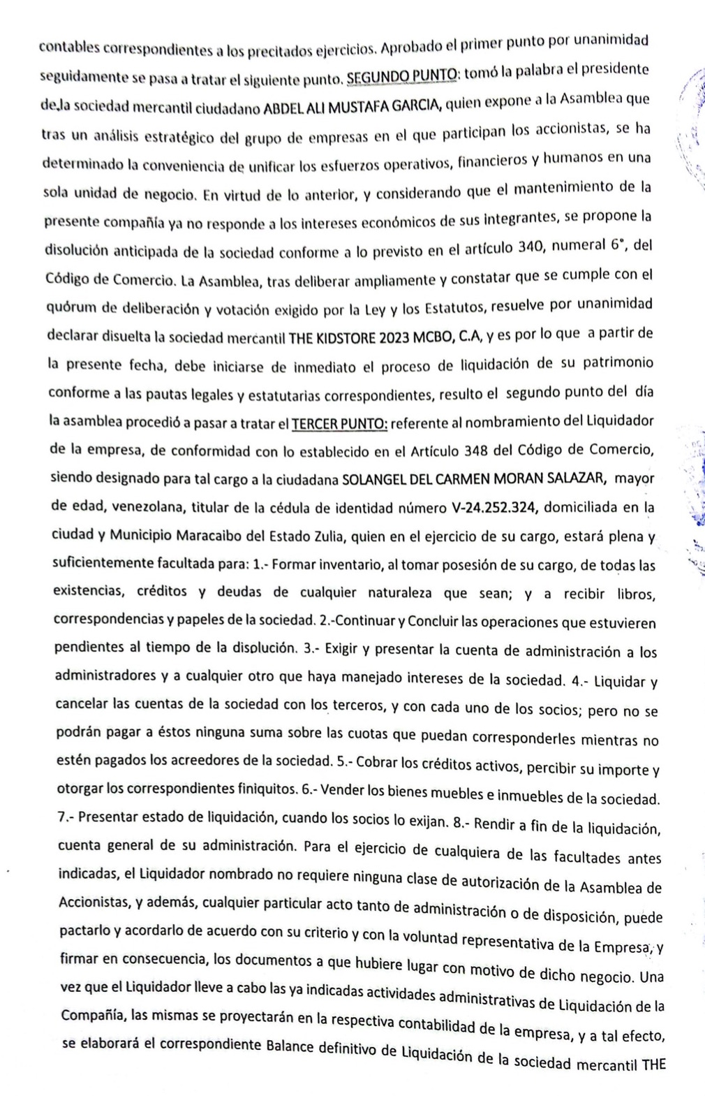 Publicación del Acta de la Asamblea General Extraordinaria de Accionista de The Kidstore 2023 Mcbo. C.A. con ocasión de su Disolución 2 Kidstore2