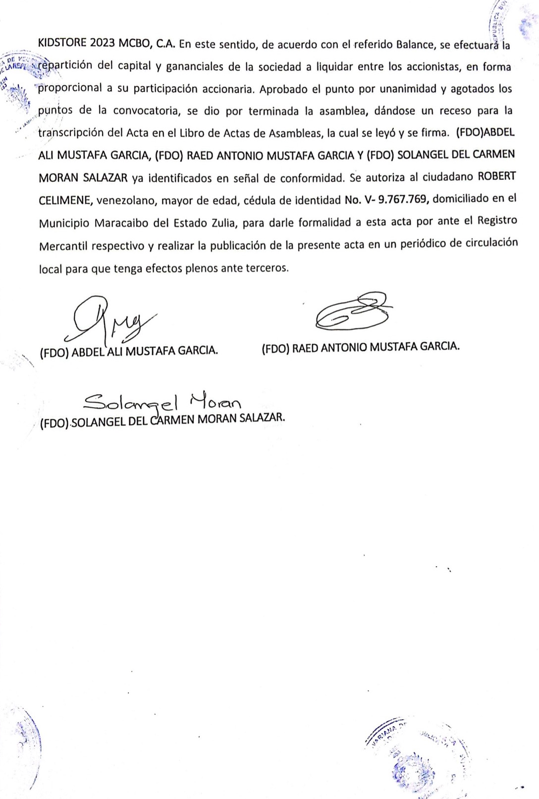 Publicación del Acta de la Asamblea General Extraordinaria de Accionista de The Kidstore 2023 Mcbo. C.A. con ocasión de su Disolución 3 Kidstore3