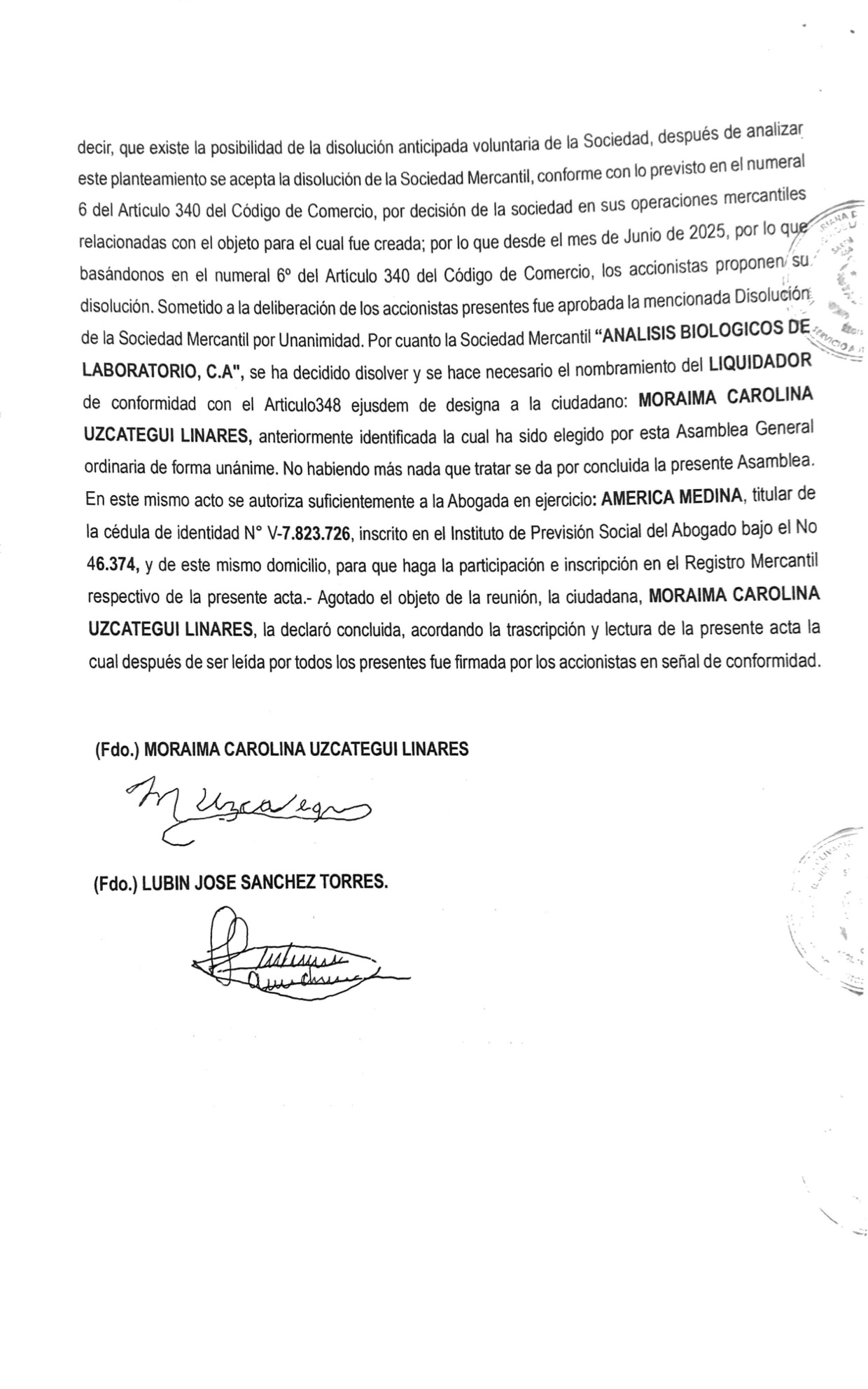 Acta de Asamblea General ordinaria de la sociedad mercantil Análisis Biológicos de Laboratorio C.A. con ocasión de su Disolución 2 Laboratorio 2
