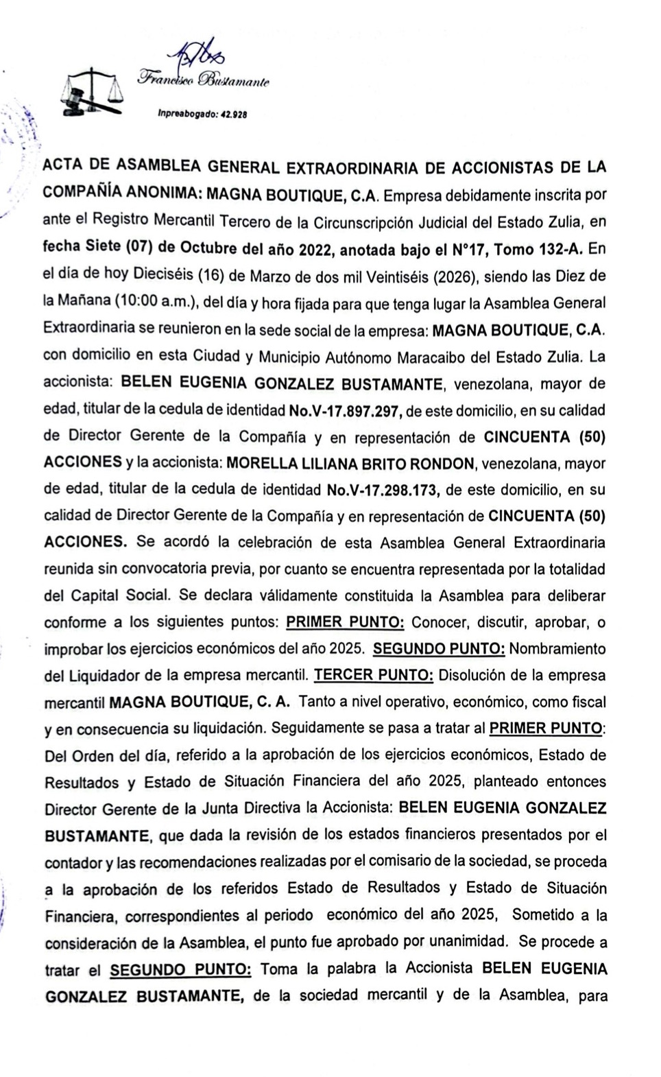 Acta de Asamblea General Extraordinaria de Accionistas de Magna Boutique C.A. con ocasión de su Disolución 1 Magna 1
