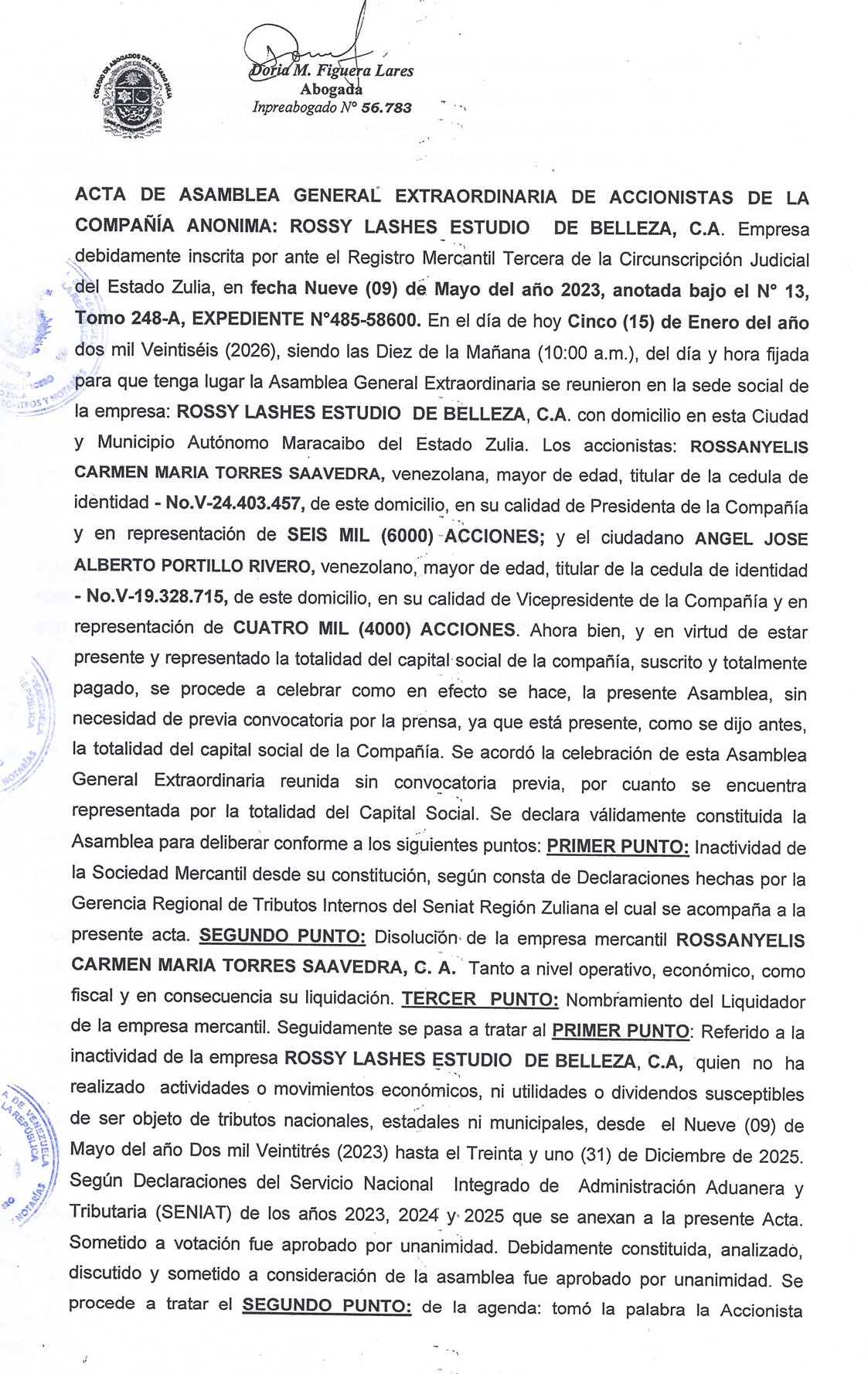 Acta de Asamblea General Extraordinaria de Accionistas de Rossy Lashes Estudio de Belleza C.A. sobre su Disolución 1 Rossy 1