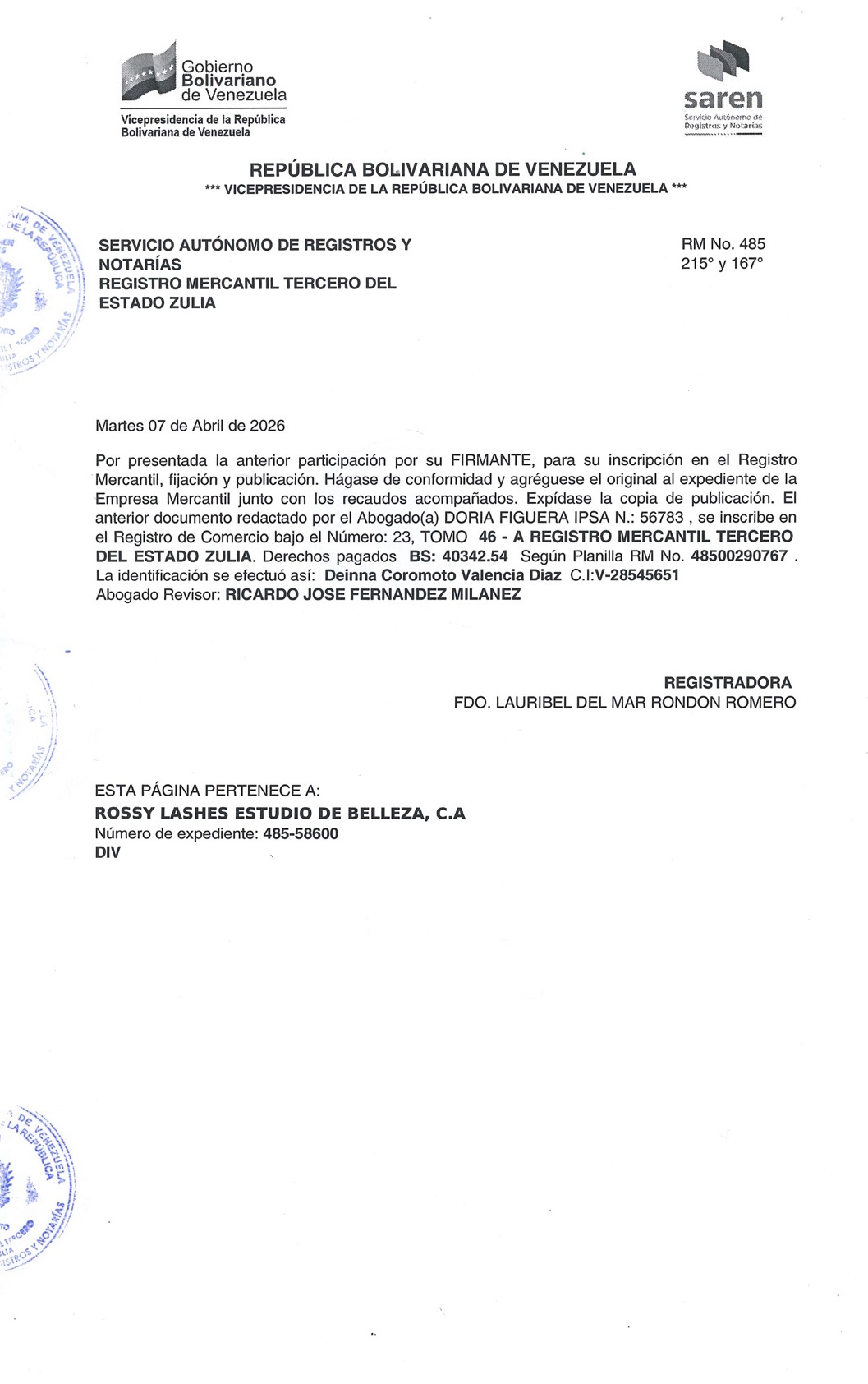 Acta de Asamblea General Extraordinaria de Accionistas de Rossy Lashes Estudio de Belleza C.A. sobre su Disolución 5 Rossy 5