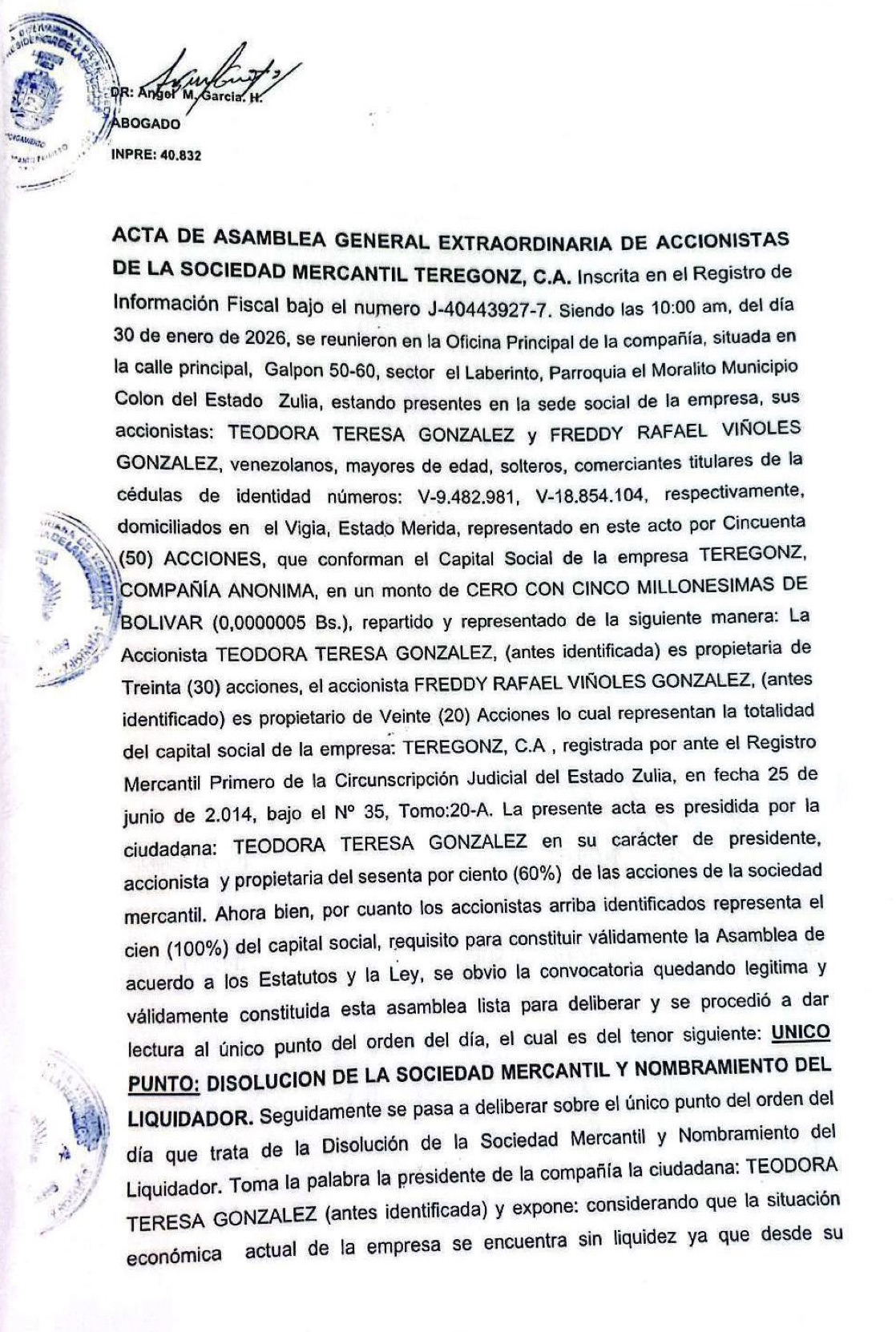 3era. Publicación del Acta de la Asamblea General Extraordinaria de Accionistas de Teregonz C.A. con ocasión de su Disolución 1 Teregonz1
