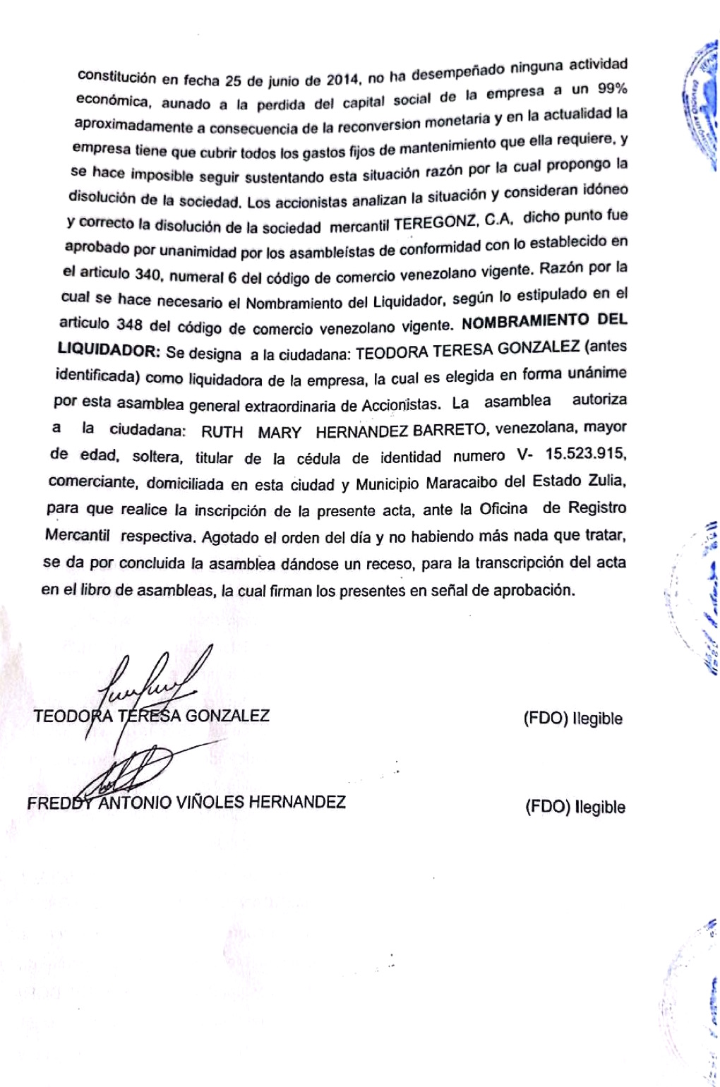 3era. Publicación del Acta de la Asamblea General Extraordinaria de Accionistas de Teregonz C.A. con ocasión de su Disolución 2 Teregonz2