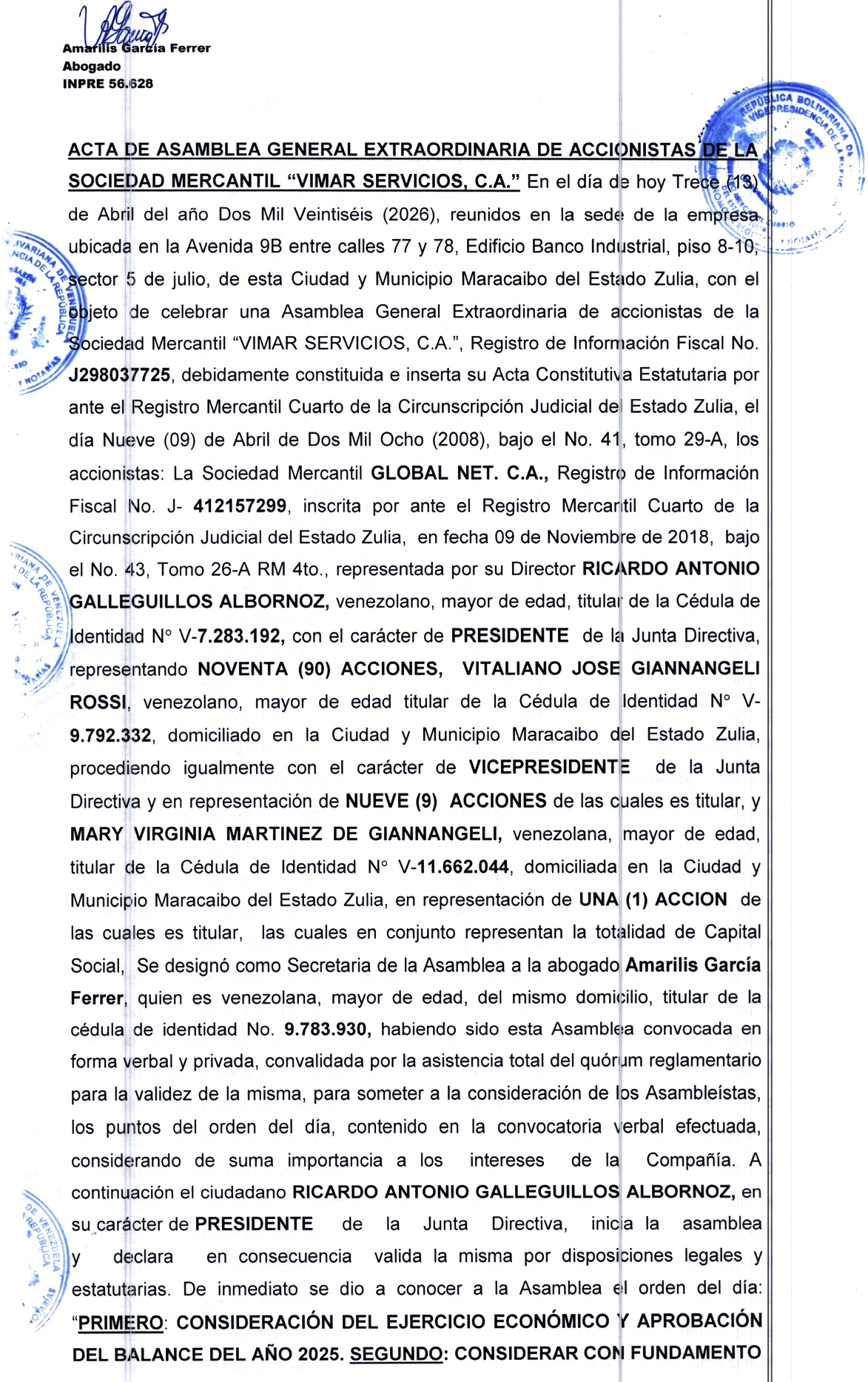 3era. Publicación del Acta de la Asamblea General Extraordinaria de Accionistas de Vimar Servicios C.A. con ocasión de su Disolución 1 ACTA VIMAR1
