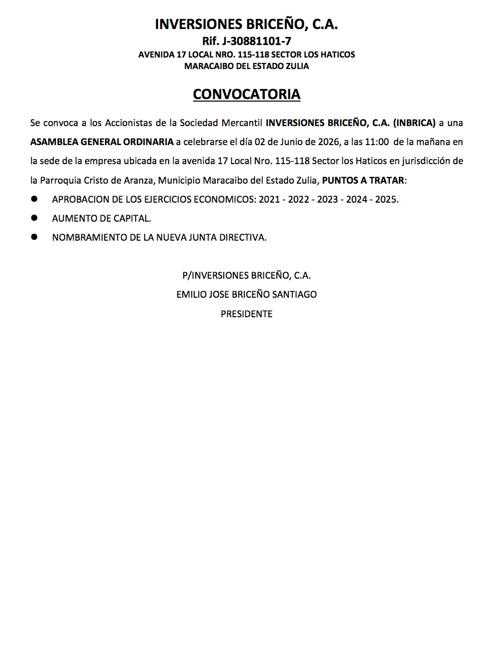CONVOCATORIA ASAMBLEA BRICENO publicar ACTA 2