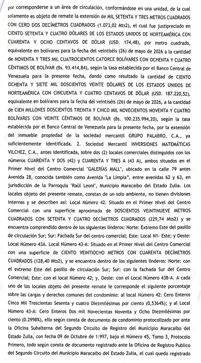 Primer Cartel de Remate en el juicio por Cobro de Bolívares en contra de Antonio Pappagallo Altomare en representación de Grupo Palabro C.A. 6 Cartel de Remate6