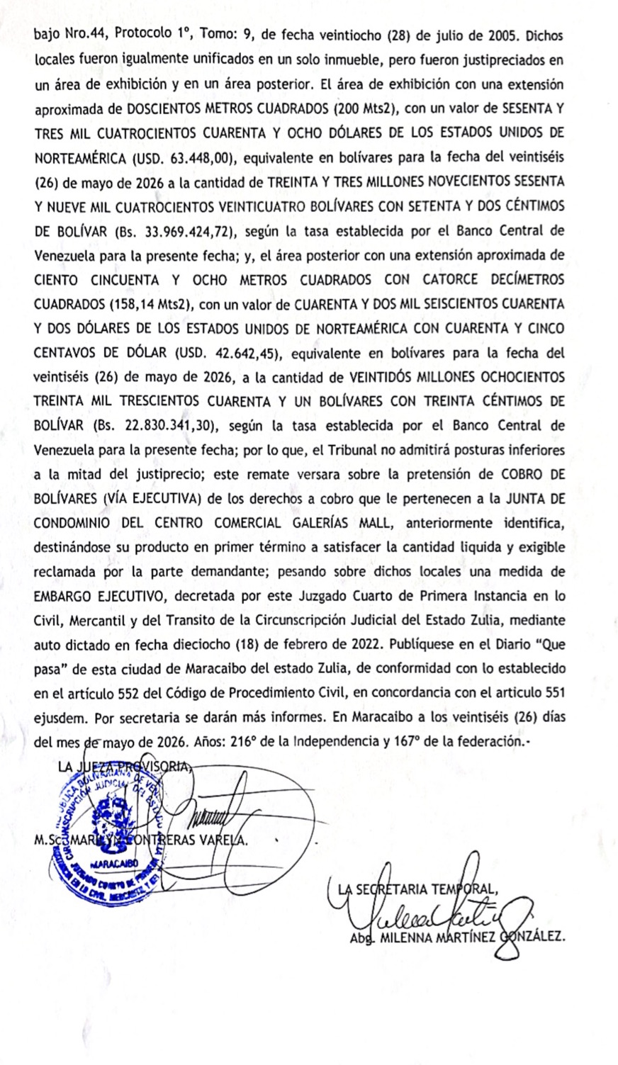 Primer Cartel de Remate en el juicio por Cobro de Bolívares en contra de Antonio Pappagallo Altomare en representación de Grupo Palabro C.A. 7 Cartel de Remate7