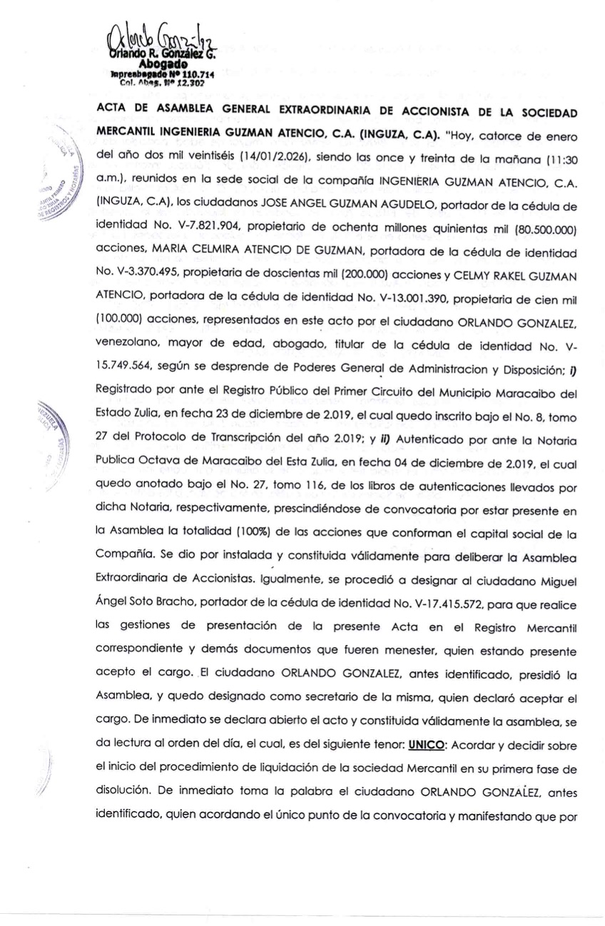 Publicación del Acta de Asamblea General Extraordinaria de Accionistas de Ingeniería Guzman Atencio (Inguza) C.A. por su Disolución 1 DISOLUCION1