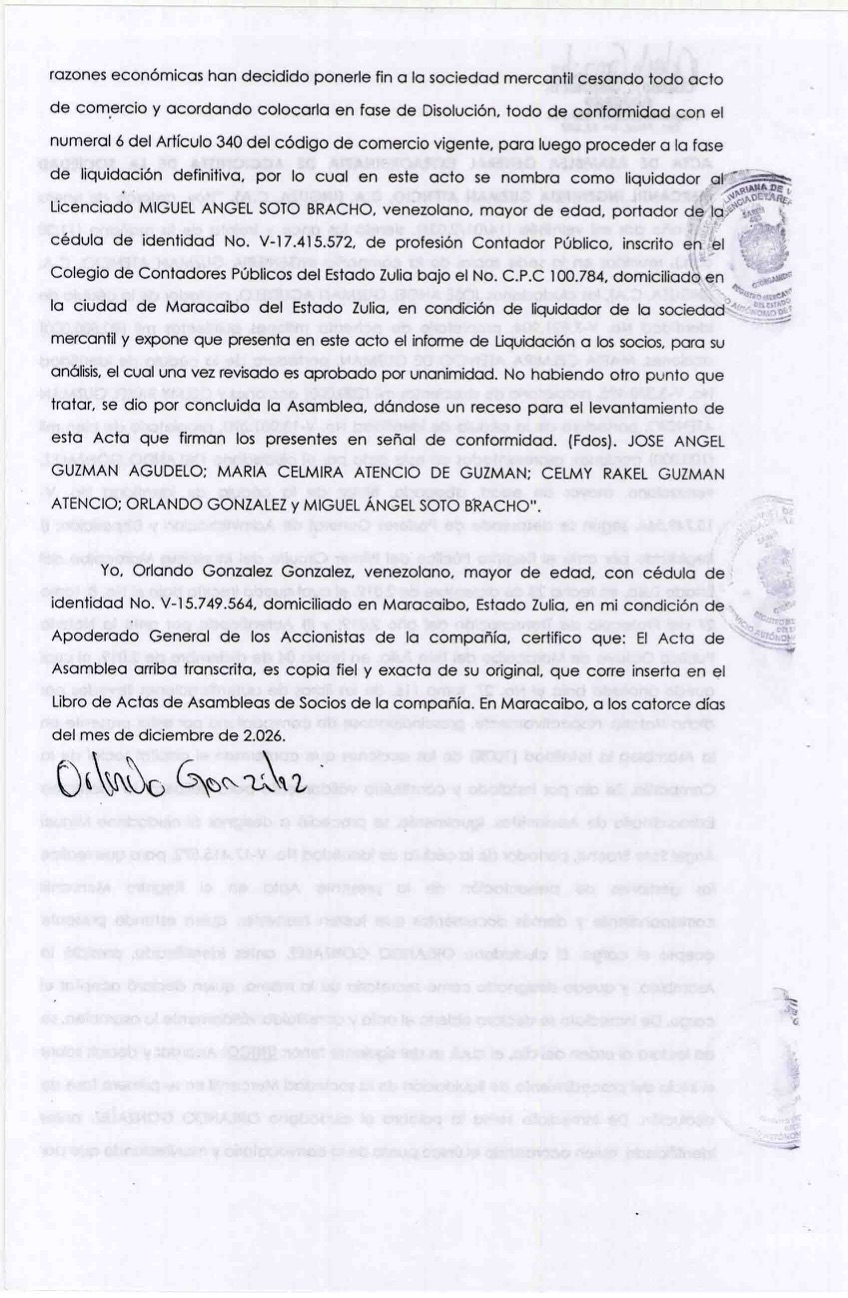 Publicación del Acta de Asamblea General Extraordinaria de Accionistas de Ingeniería Guzman Atencio (Inguza) C.A. por su Disolución 2 DISOLUCION2