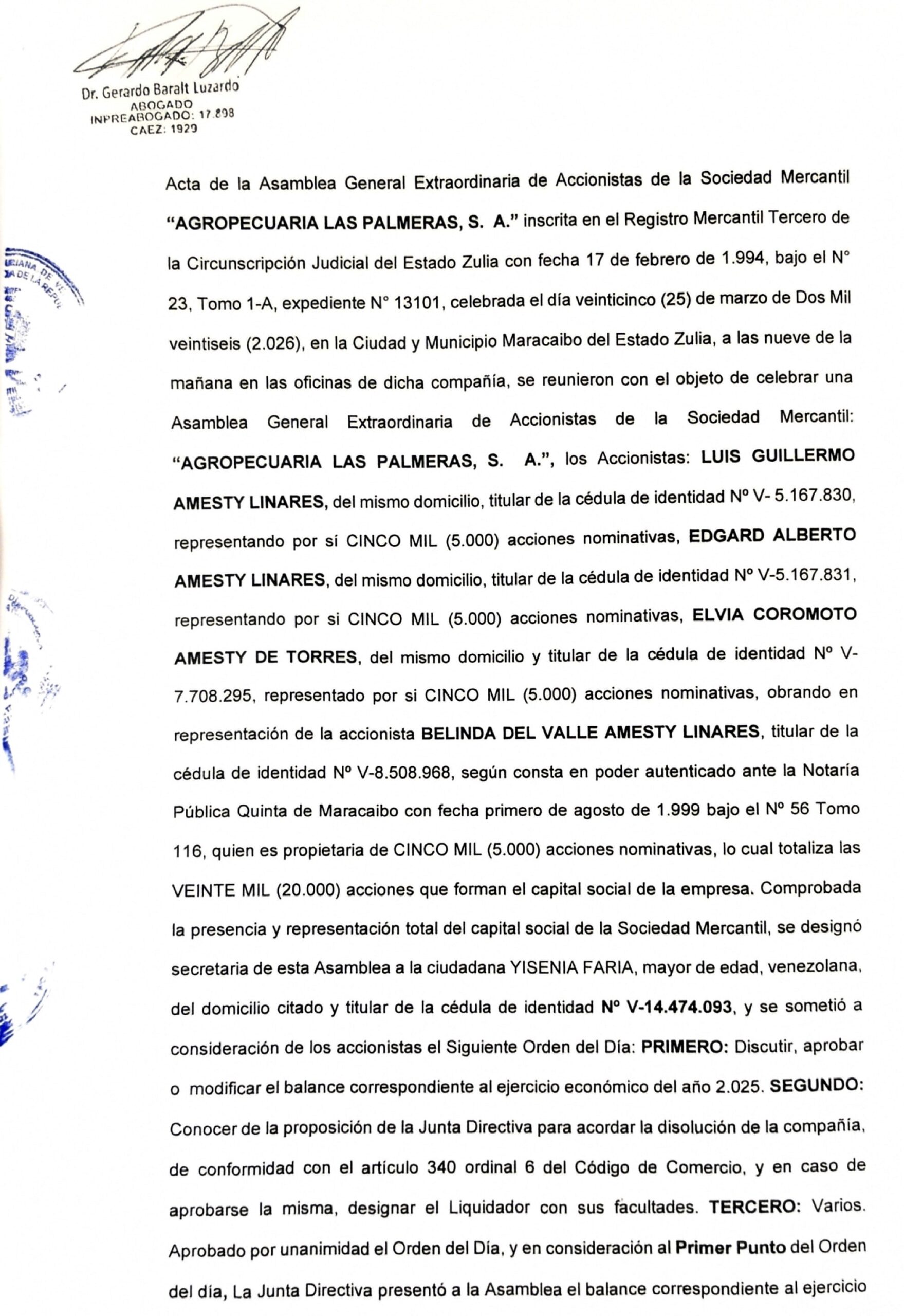 3er. Publicación del Acta de Asamblea General Extraordinaria de Accionistas de Agropecuaria Las Palmeras con ocasión de su Disolución 1 Las Palmeras1 scaled