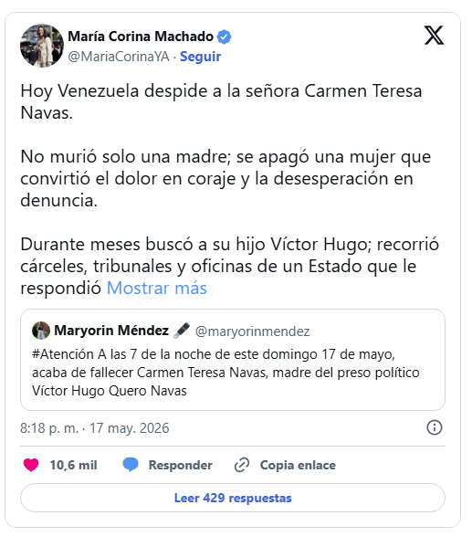 Así reaccionaron la Iglesia y actores políticos opositores tras la muerte de Carmen Teresa Navas 2 Mria