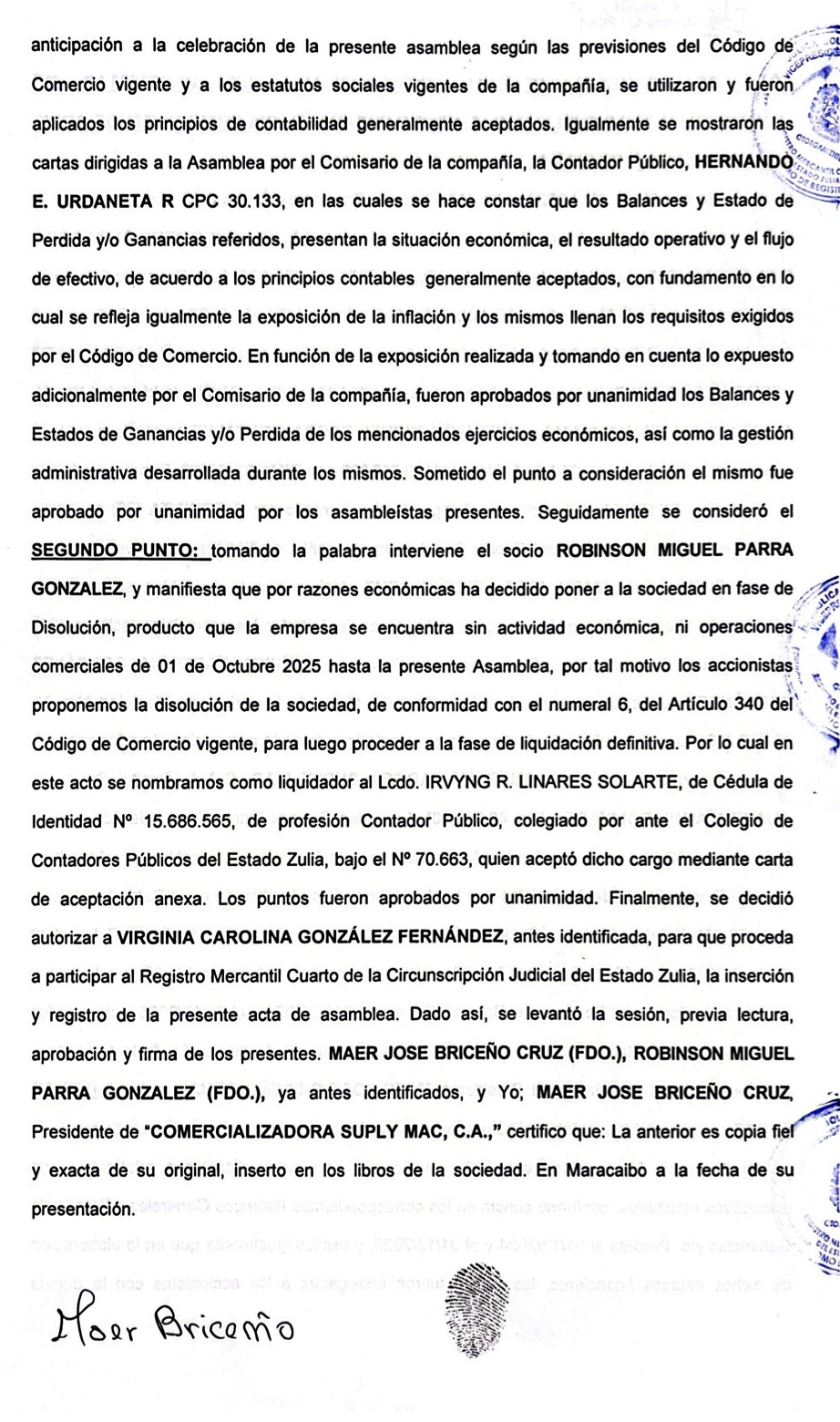3era. Publicación del Acta de la Asamblea General Extraordinaria de Accionistas de Comercializadora Suply Mac C.A. por su Disolución 2 SuplyMac2