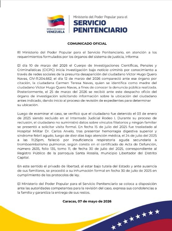 Confirmaron la muerte de Víctor Quero dizque por una deficiencia respiratoria 2 WhatsApp Image 2026 05 07 at 3.55.18 PM