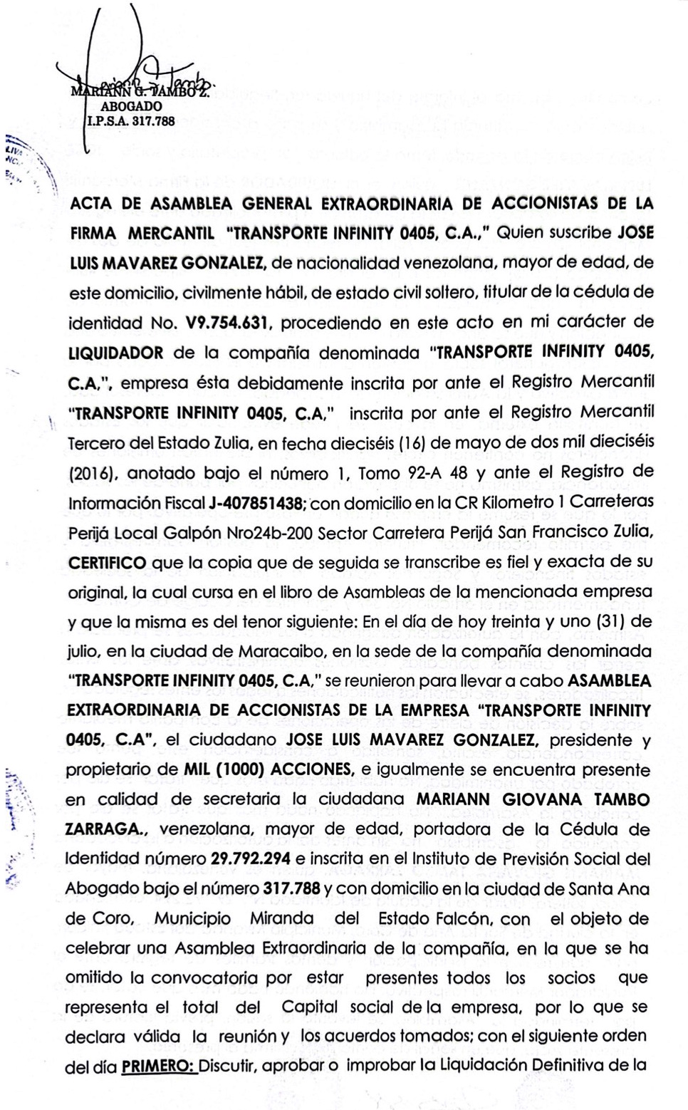Acta de Asamblea General Extraordinaria de Accionistas de Transporte Infinity 0405 C.A. con ocasión de su Liquidación 1 ACTA LIQUIDACION INFINITY1