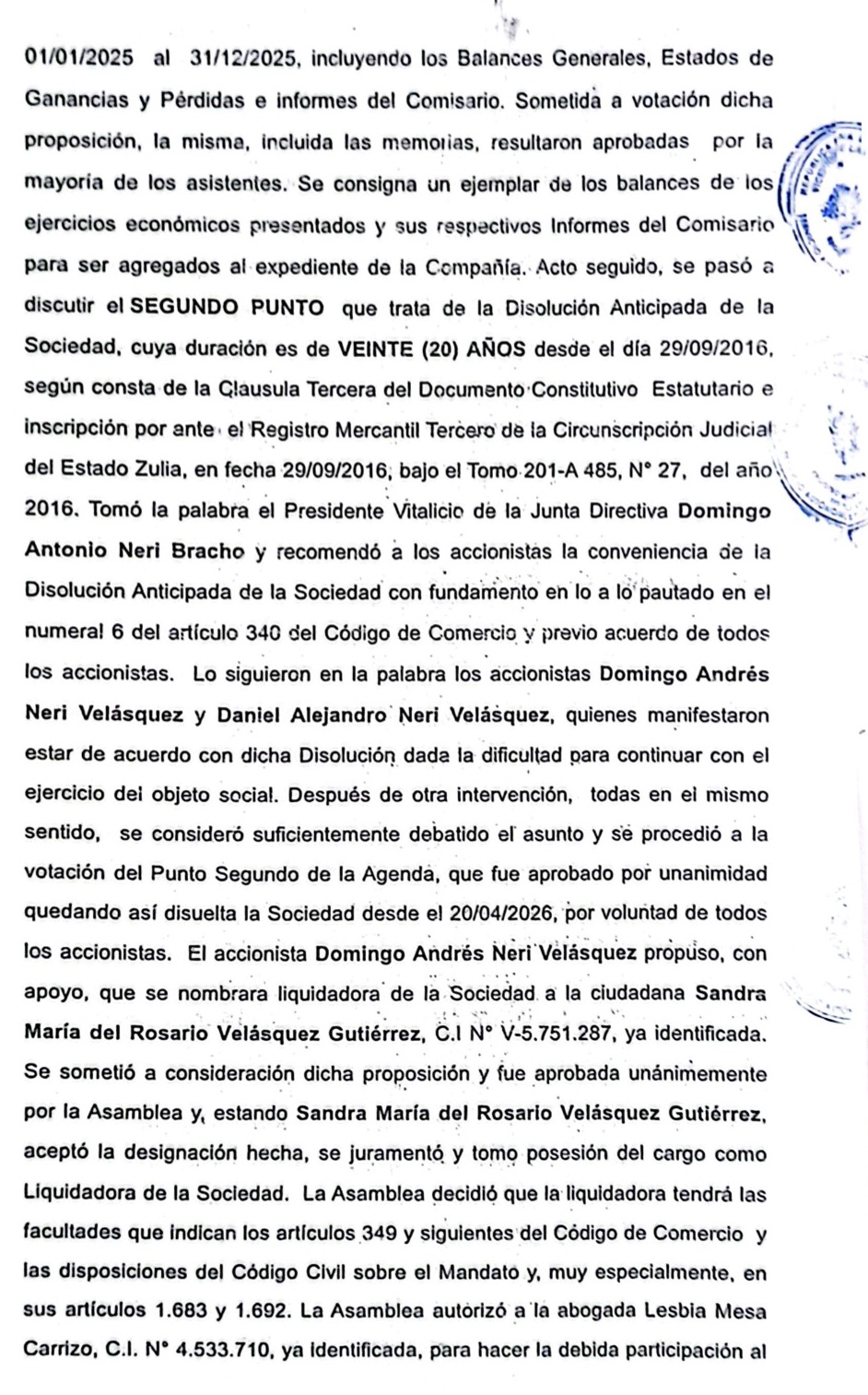 Acta de la Asamblea Geberal extraordinaria de Accionistas de Comercializadora 3D C.A. con ocasión de su Disolución 2 Acta2