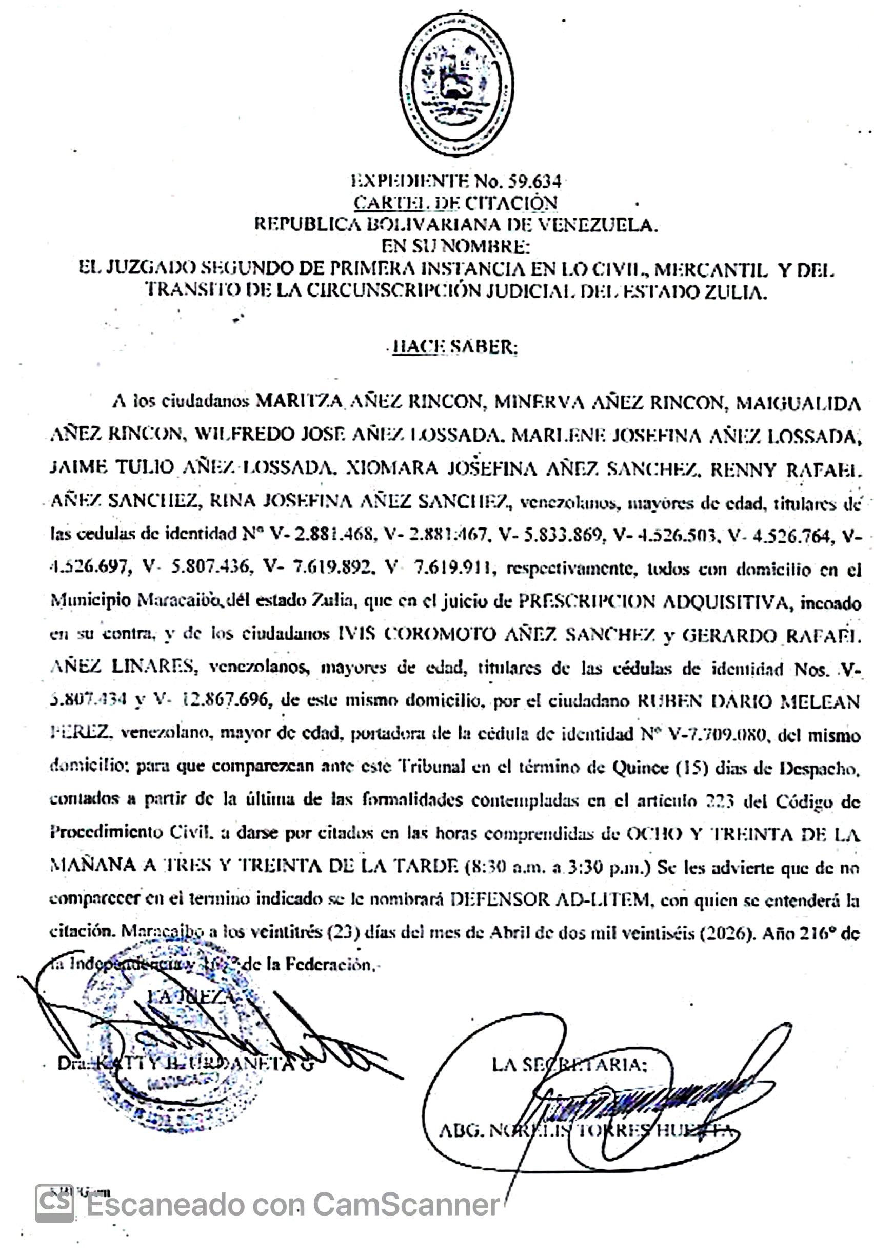 Cartel de Citación a Maritza Añez Rincón, Minerva Añez Rincón, Maigualida Añez Rincón, Wilfredo Añéz Lossada, Marlene Añez Lossada, Jaime Añez Lossada, Xiomara Añez Sánchez, Renny Añez Sánchez y Rina Añez Sánchez al juicio por Prescripción Adquisitiva 1 CamScanner 18 6 26 14.46n