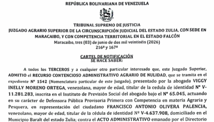Notificación para todos los interesados de la Admisión de un Recurso Contenciosos Administrativo Agrario de Nulidad a solicitud de Francisco Antonio Olivera Palencia contra acto de INTI 2 Captura de pantalla 2026 06 09 a las 17.41.11