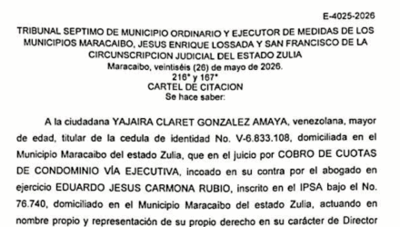 Cartel de Citación a Yajaira Claret González Amaya al juicio por Cobro de Cuotas de Condominio Vía Ejecutiva 2 Captura de pantalla 2026 06 11 a las 10.36.03 a. m