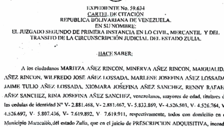Cartel de Citación a Maritza Añez Rincón, Minerva Añez Rincón, Maigualida Añez Rincón, Wilfredo Añéz Lossada, Marlene Añez Lossada, Jaime Añez Lossada, Xiomara Añez Sánchez, Renny Añez Sánchez y Rina Añez Sánchez al juicio por Prescripción Adquisitiva 2 Captura de pantalla 2026 06 18 a las 16.27.11