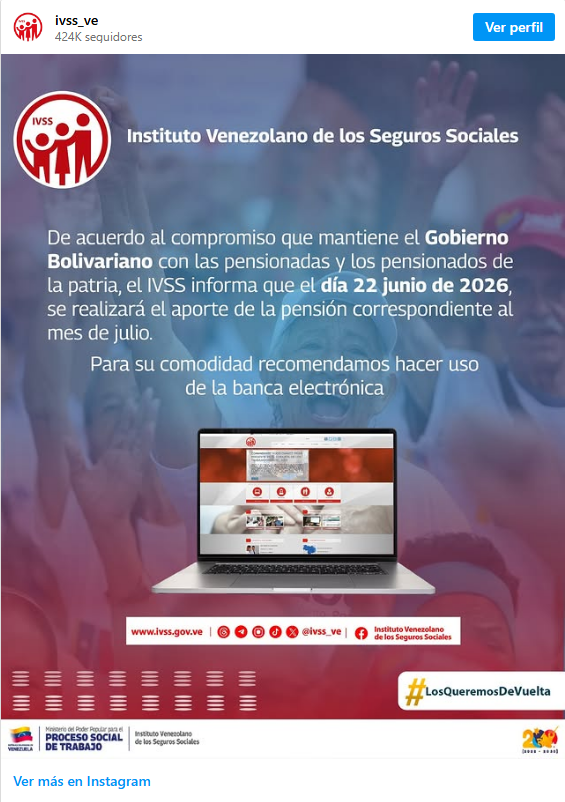 Está anunciado para hoy 22 de junio el pago del la pensión del IVSS correspondiente a Julio 2 IVSS