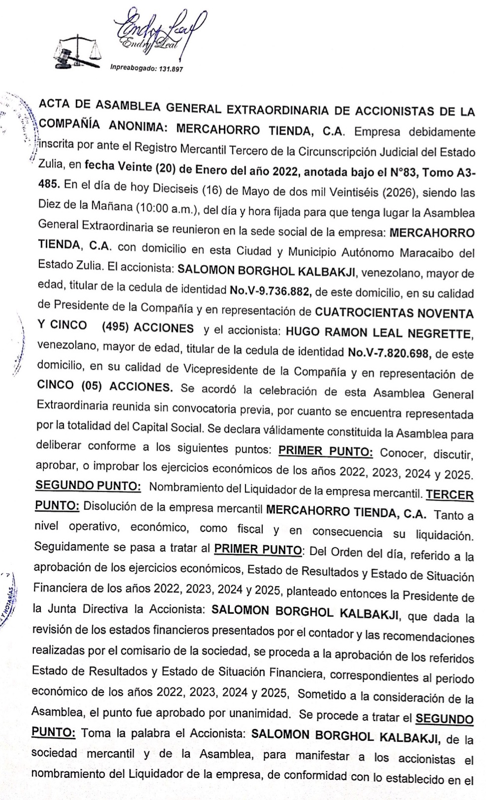 Acta de Asamblea General Extraordinaria de Accionistas de Mercahorro C.A. con ocasión de su Disolución 1 MercaHorro1