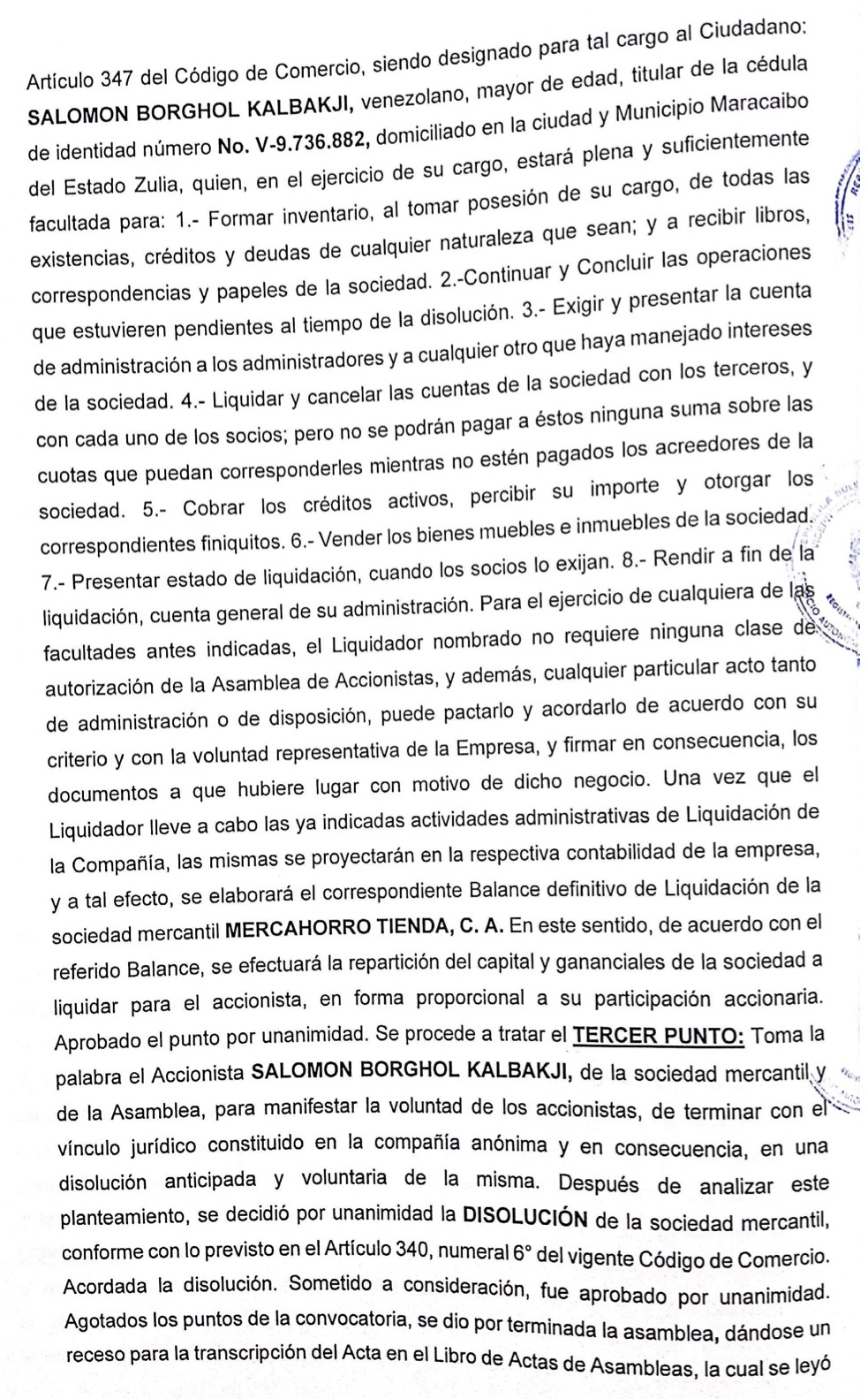 Acta de Asamblea General Extraordinaria de Accionistas de Mercahorro C.A. con ocasión de su Disolución 2 MercaHorro2