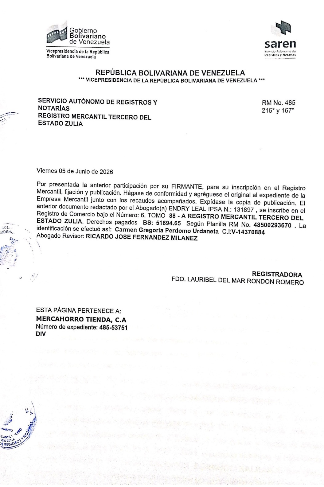 Acta de Asamblea General Extraordinaria de Accionistas de Mercahorro C.A. con ocasión de su Disolución 5 MercaHorro5