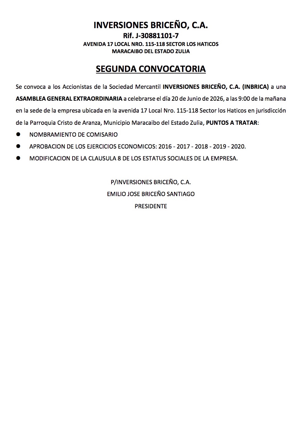 SEGUNDA CONVOCATORIA ASAMBLEA BRICENO ACTA 1 publicar