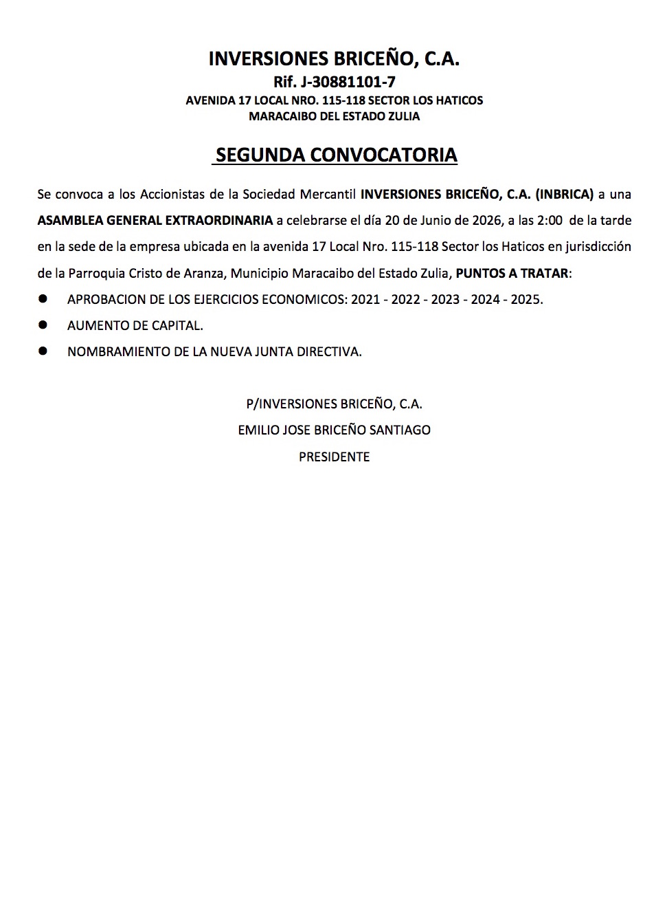 SEGUNDA CONVOCATORIA ASAMBLEA BRICENO publicar ACTA 2