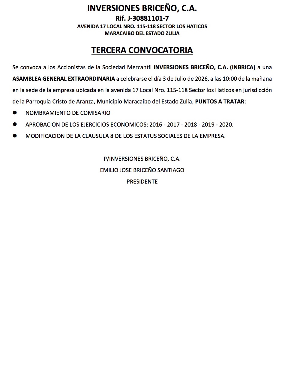 TERCERA CONVOCATORIA ASAMBLEA BRICENO ACTA 1 publicar