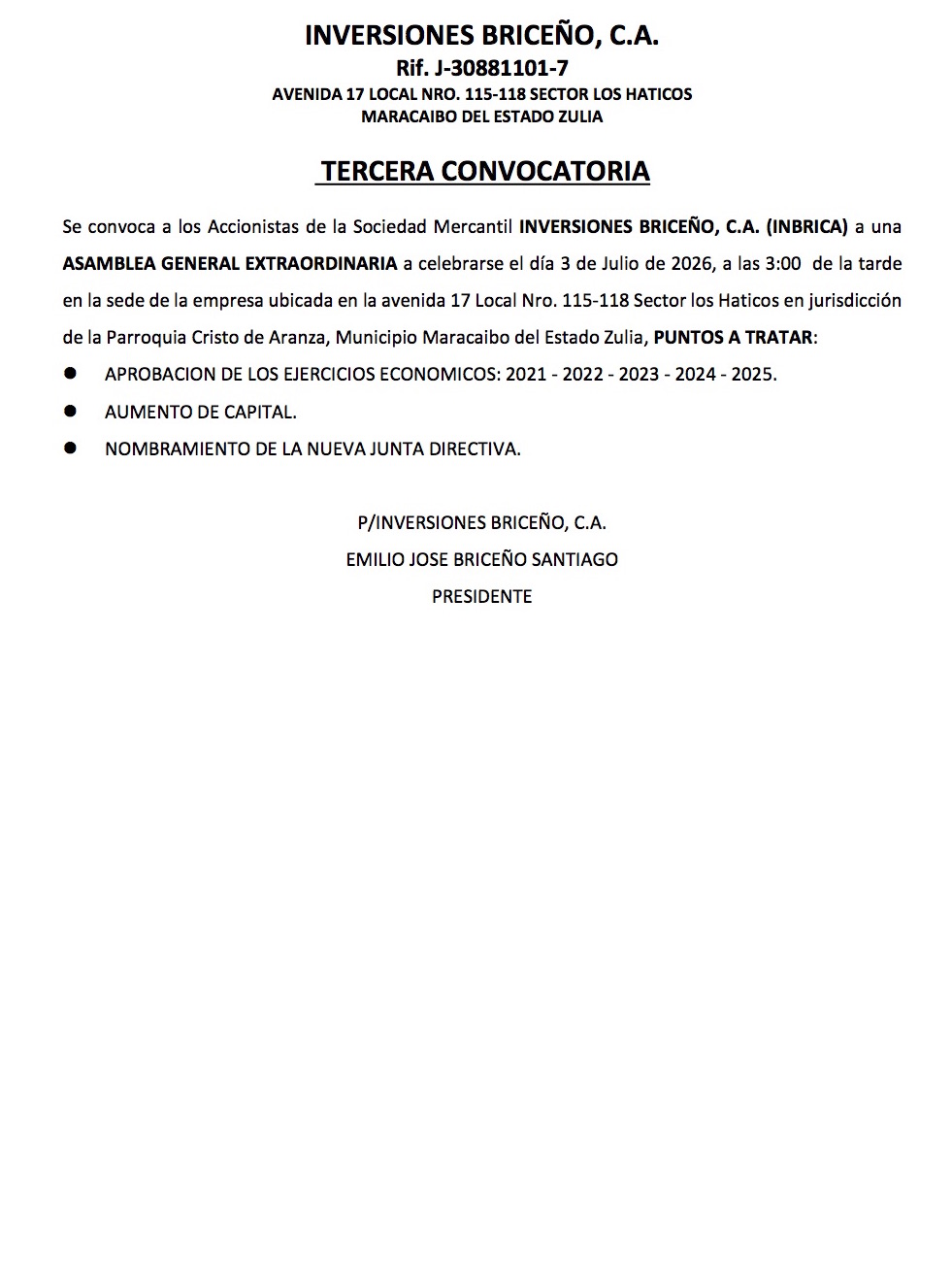 TERCERA CONVOCATORIA ASAMBLEA BRICENO publicar ACTA 2