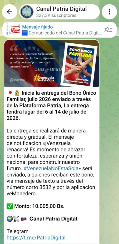 Cayendo el Bono Único familiar de julio. Subió en bolívares 2 BonoUnicoFamiliarJulio2026