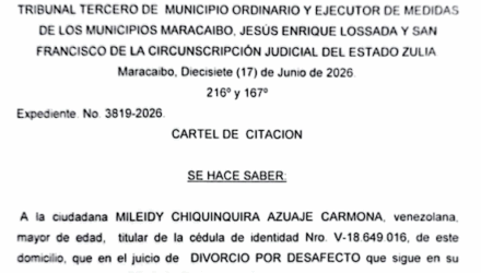 Cartel de Citación a Mileidy Chiquinquirá Azuaje Carmona al juicio por Divorcio por Desafecto 2 Captura de pantalla 2026 07 02 a las 18.10.34