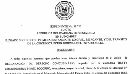 Cartel de Notificación para todos los que puedan tener interés en el juicio por Declaración de Derecho Concubinario seguido por Betty Chiquinquirá Pérez Socorro en contra de José Gregorio Pernía 2 Captura de pantalla 2026 07 20 a las 11.15.12