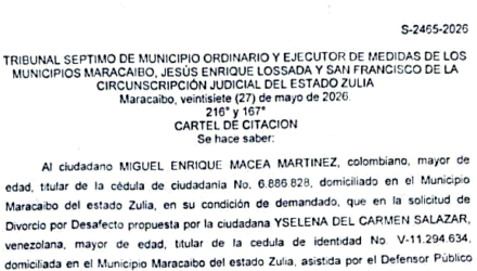 Cartel de Citación a Miguel Enrique Macea Martínez al juicio por Divorcio por Desafecto 2 Captura de pantalla 2026 07 30 a las 17.03.40