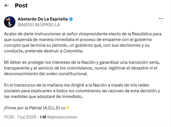 De la Espriella suspendió la transición con el Gobierno de Petro 2 Espriella