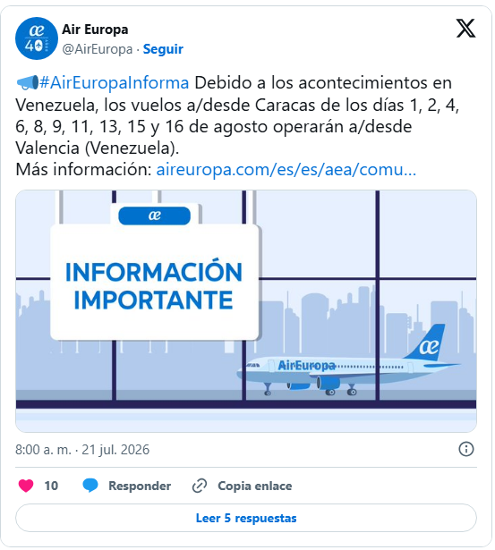 Air Europa operará en Venezuela a través del aeropuerto de Valencia en julio y agosto 2 Europa