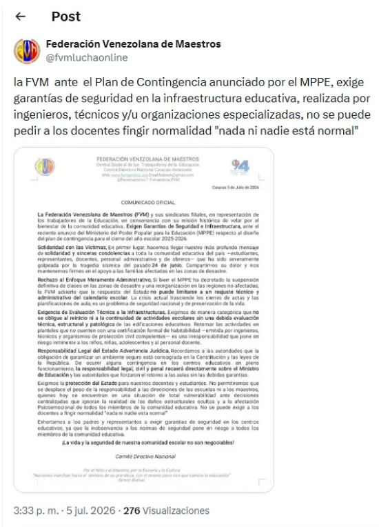 FVM exige garantías sobre las infraestructuras de los colegios en las zonas afectadas por los terremotos 2 FVM