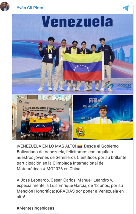 Venezolanos destacan en la Olimpiada de Matemáticas en China 2 Olimpidas mate