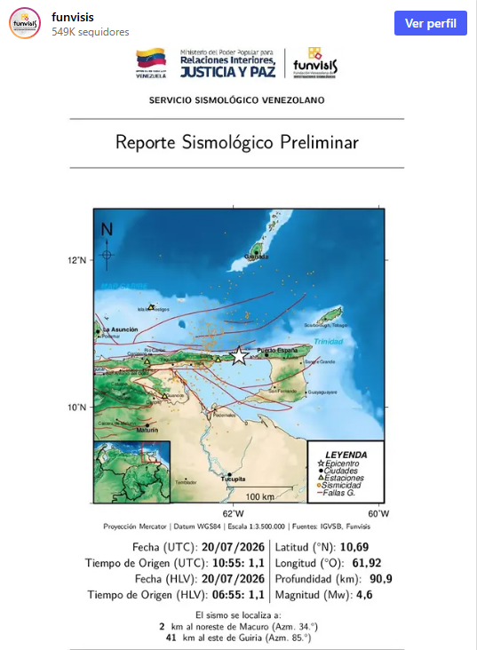 Sismo de magnitud 4.6 se registró este lunes al noreste de Macuro 2 Temblor