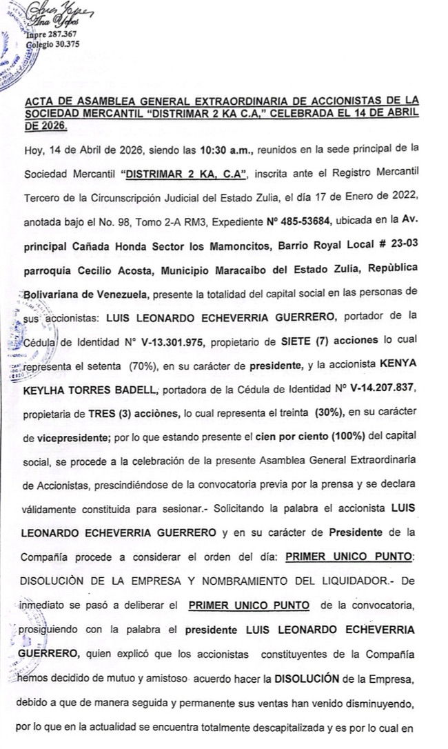 Publicación del Acta de Asamblea Extraordinaria de Accionistas de Distrimar 2 KA C.A. con ocasión de su Disolución 1 1